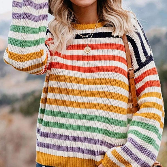 NEW Casual Rainbow Striped Color Block Warm Winter Sweater - Picture 4 of 10